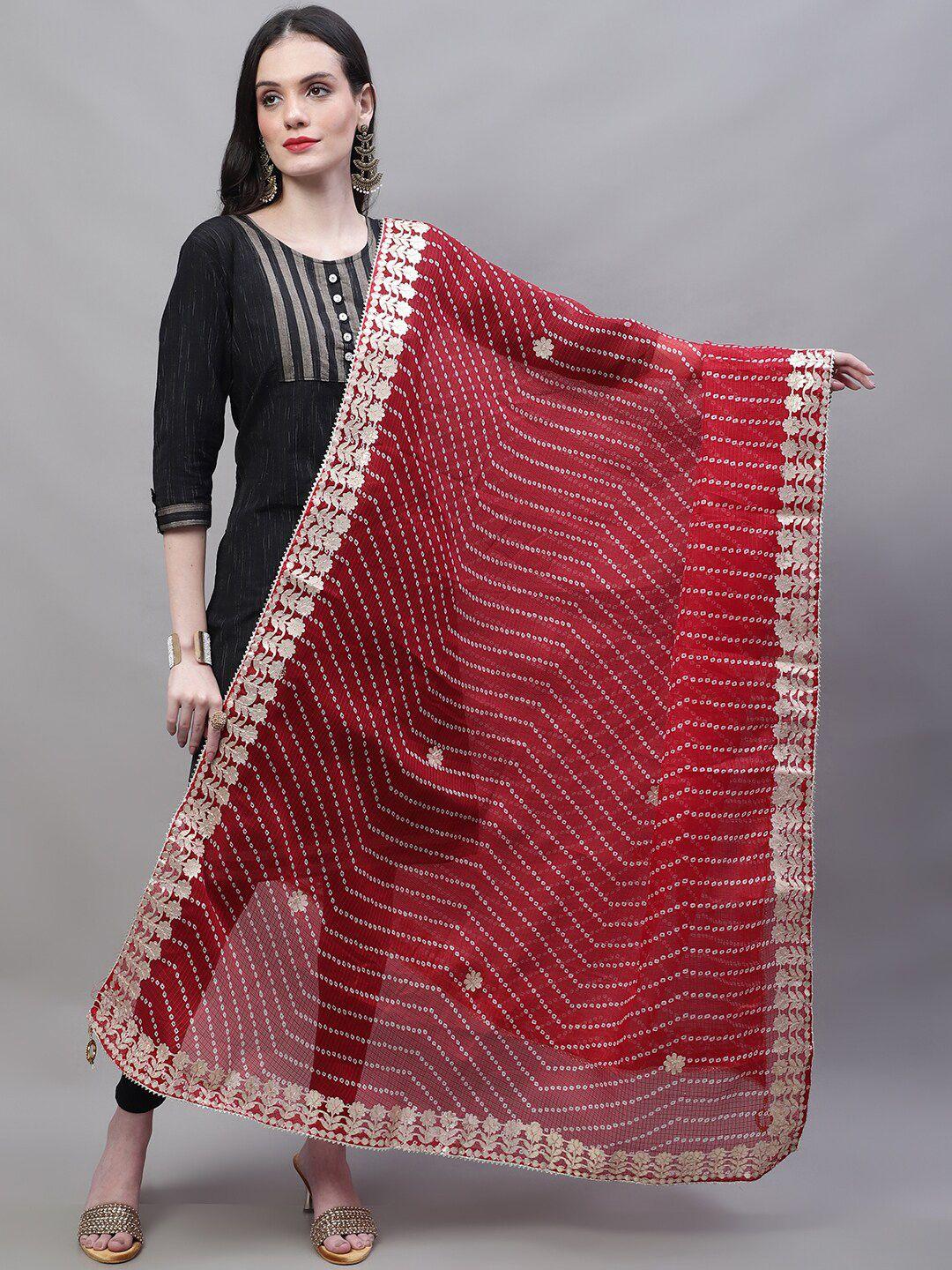 soundarya maroon & gold-toned printed pure cotton dupatta with gotta patti