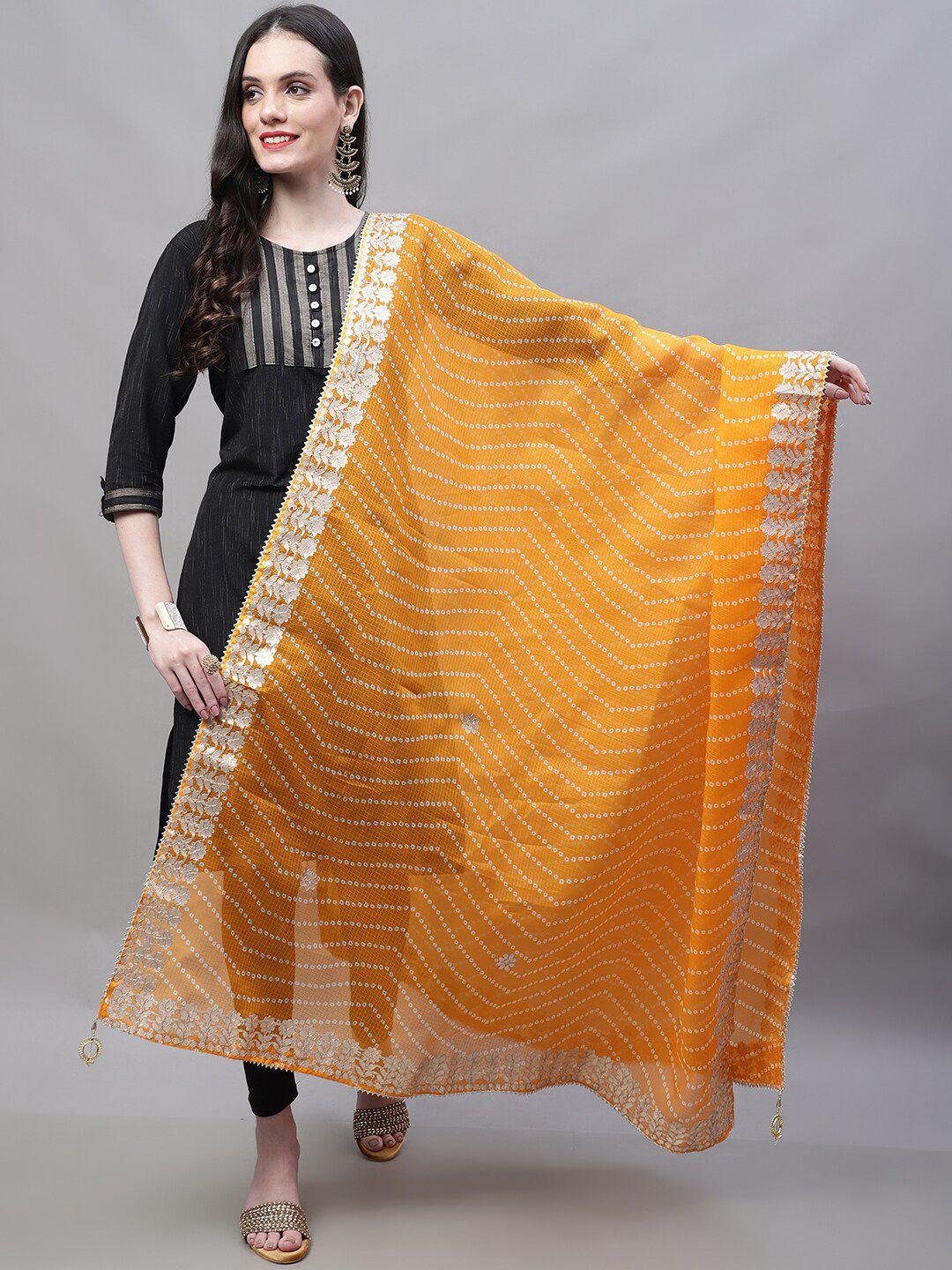 soundarya mustard & white printed pure cotton dupatta with gotta patti