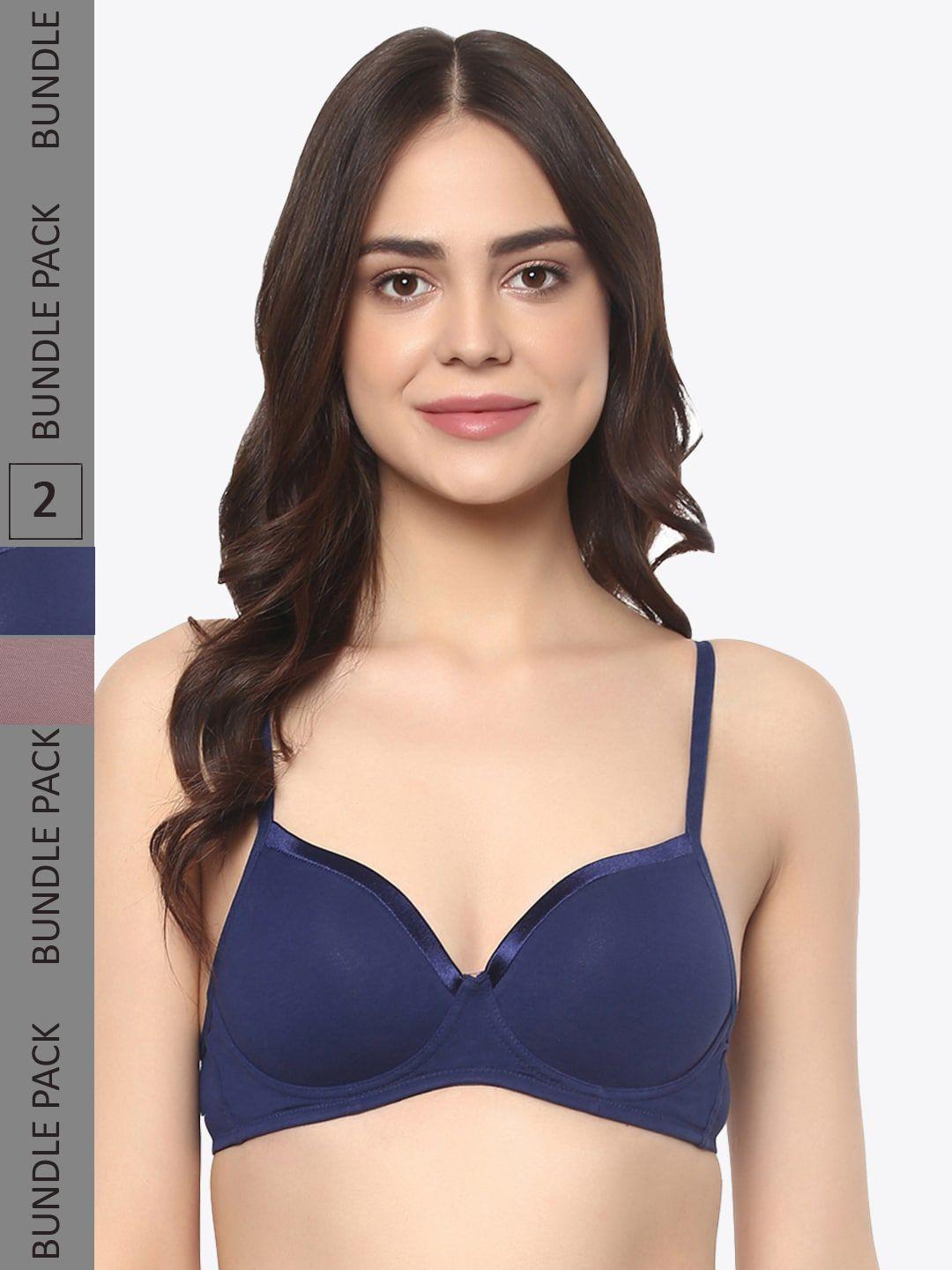 soie navy blue & peach-coloured bra medium coverage lightly padded