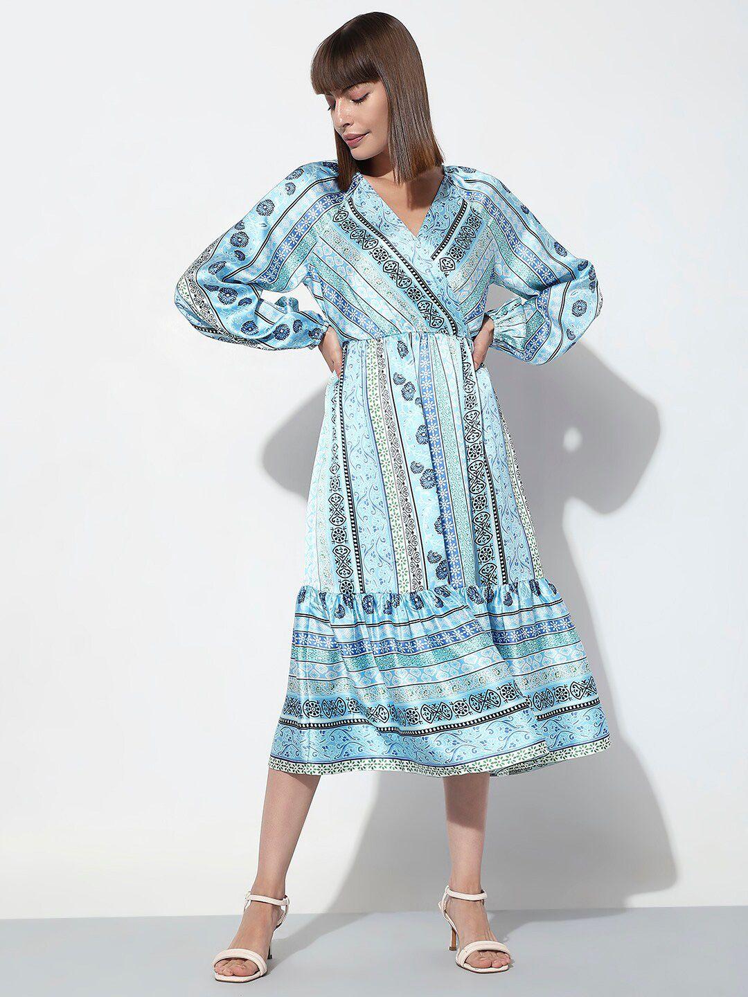 vero moda ethnic motifs printed v-neck puff sleeves fit & flare dress