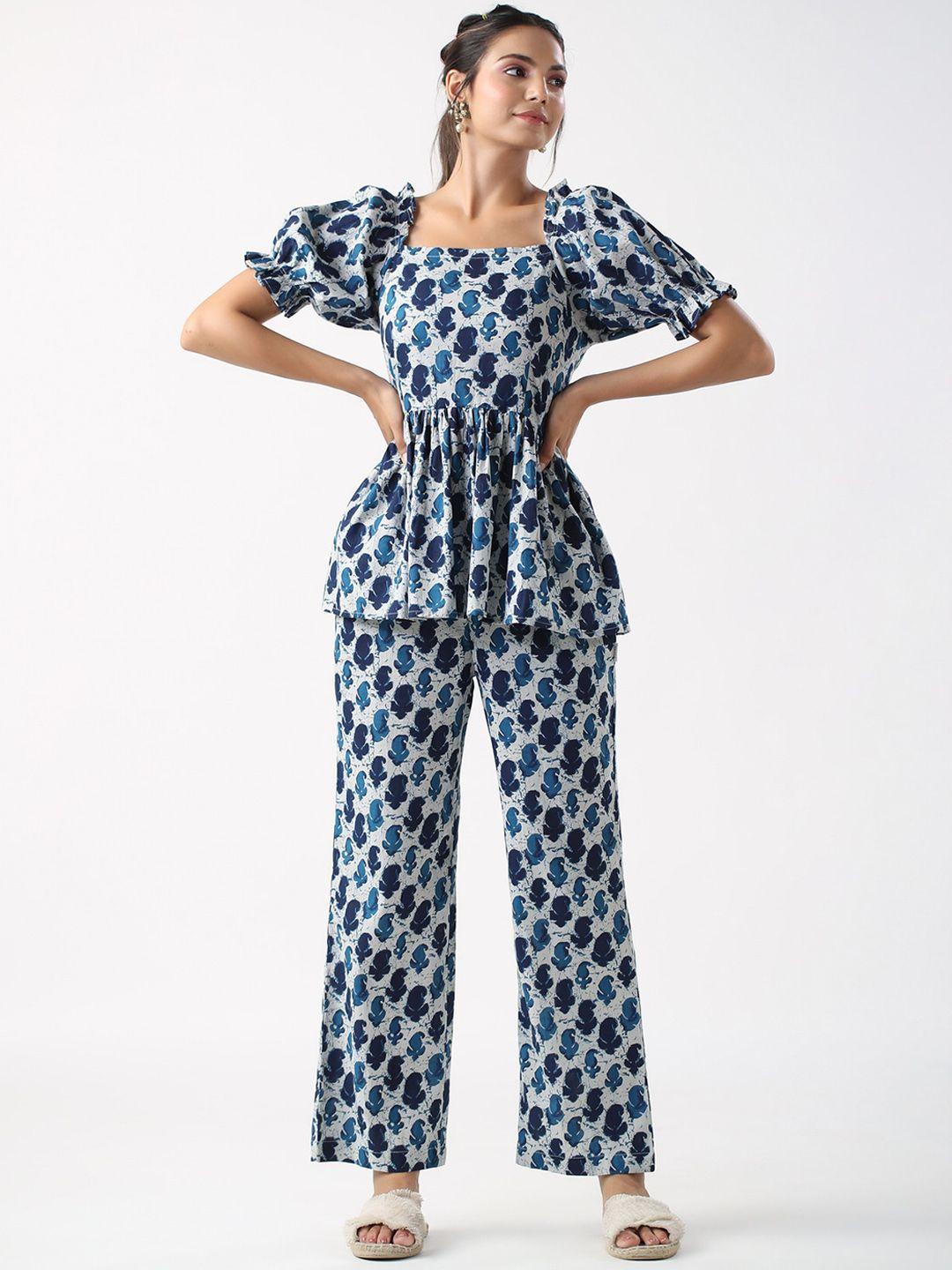 jisora white & blue printed pure cotton square neck top & trouser