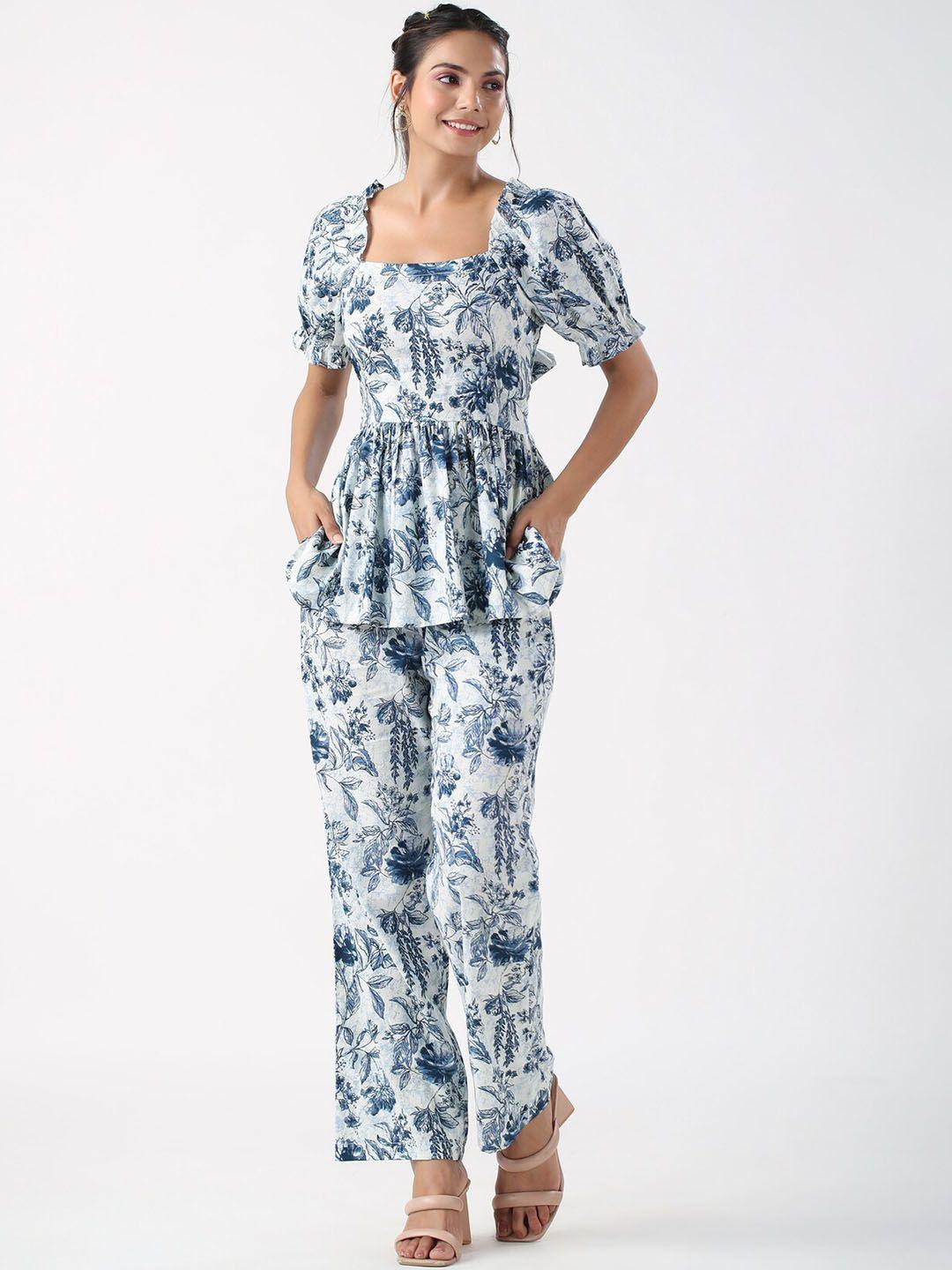 jisora off white & blue floral printed pure cotton tunic & trouser