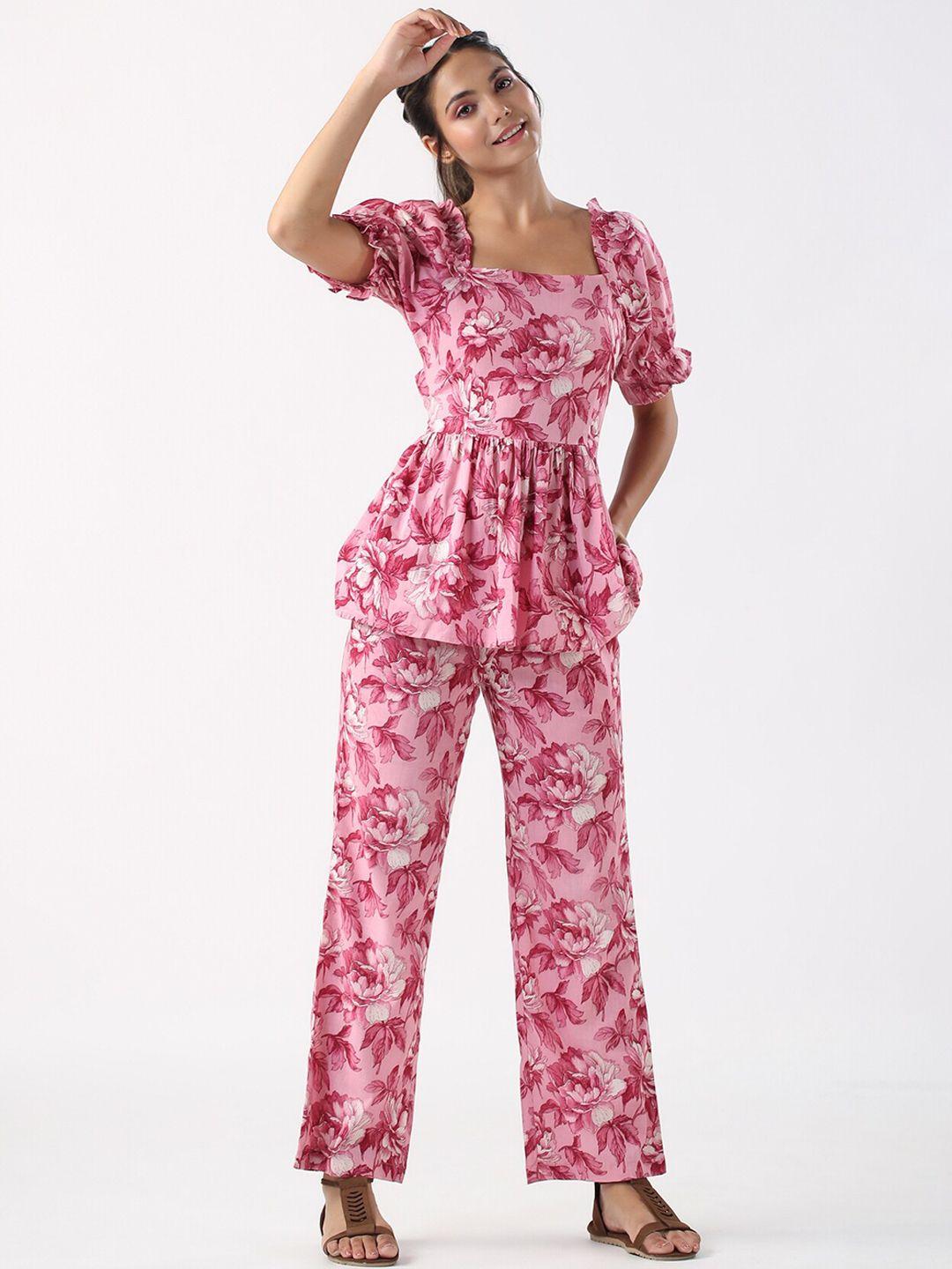 jisora pink floral printed pure cotton tunic & trouser co ords