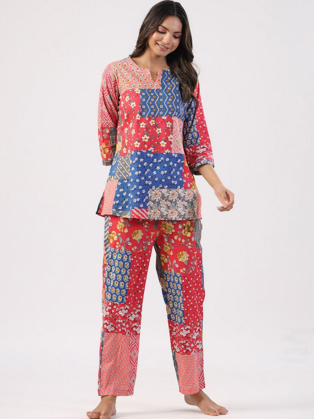 jisora red & blue floral printed printed night suit