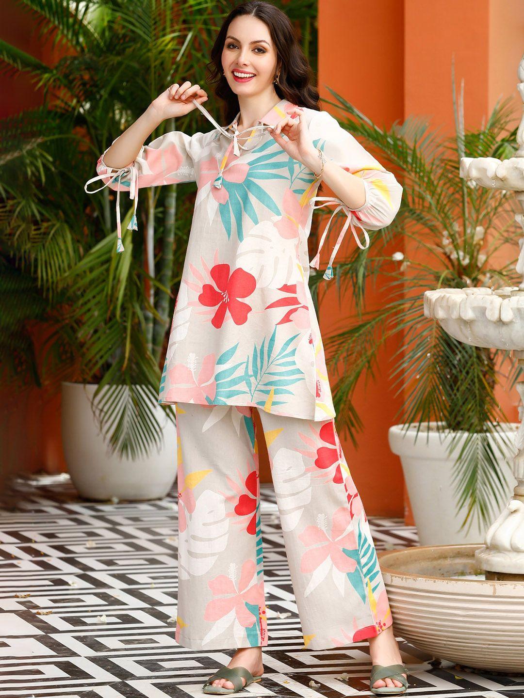 jisora white floral printed tie-ups detailing cotton tunic & palazzo