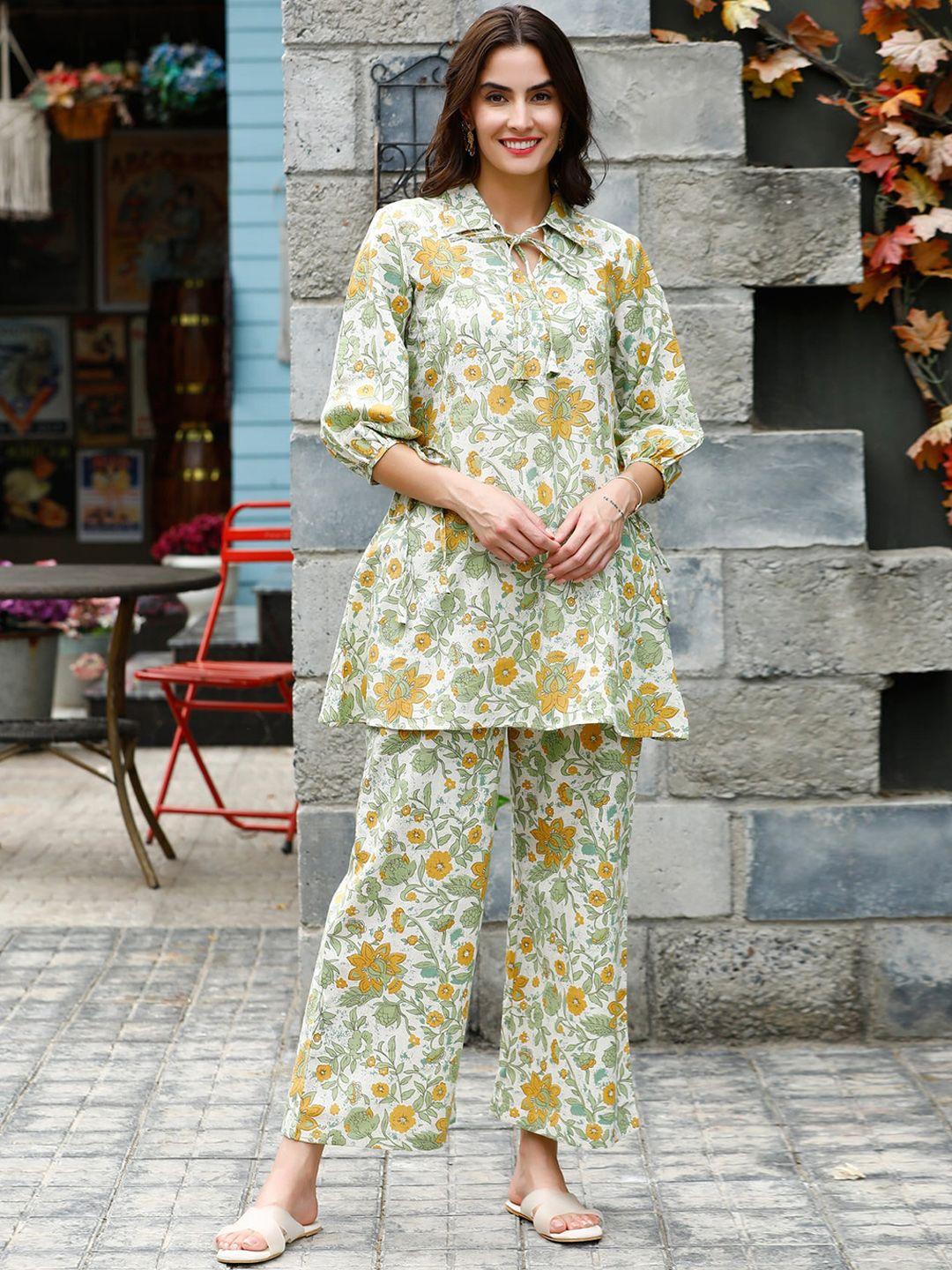 jisora floral printed shirt collar pure cotton top & palazzo