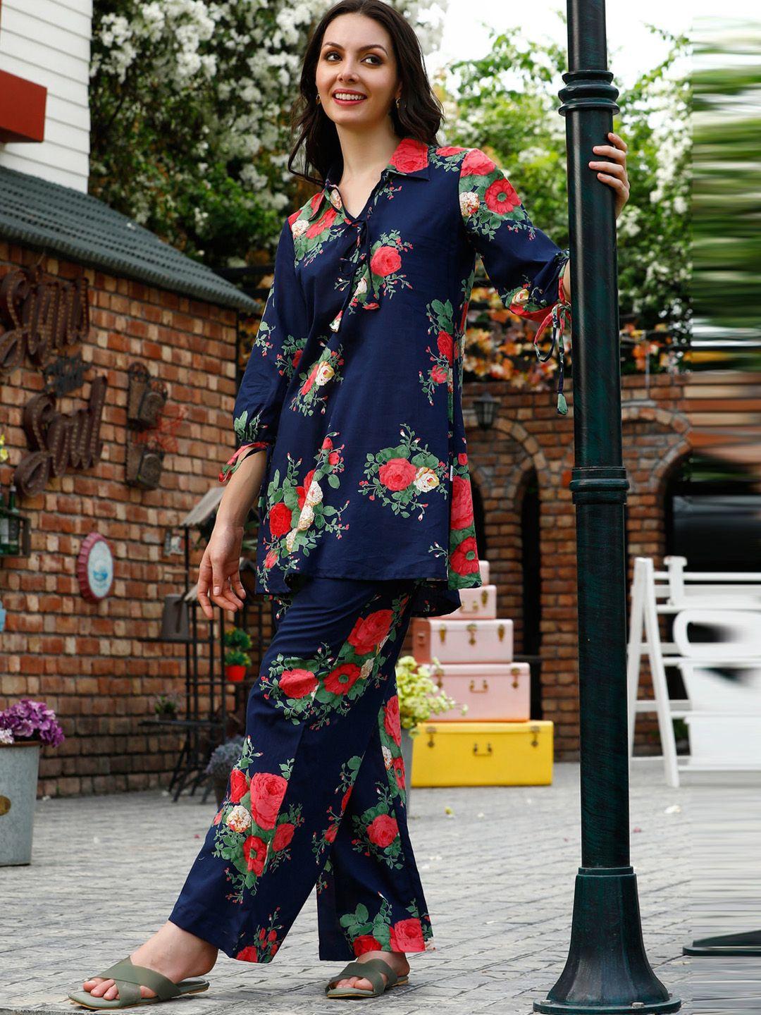 jisora blue floral printed pure cotton top & pyjamas night suits