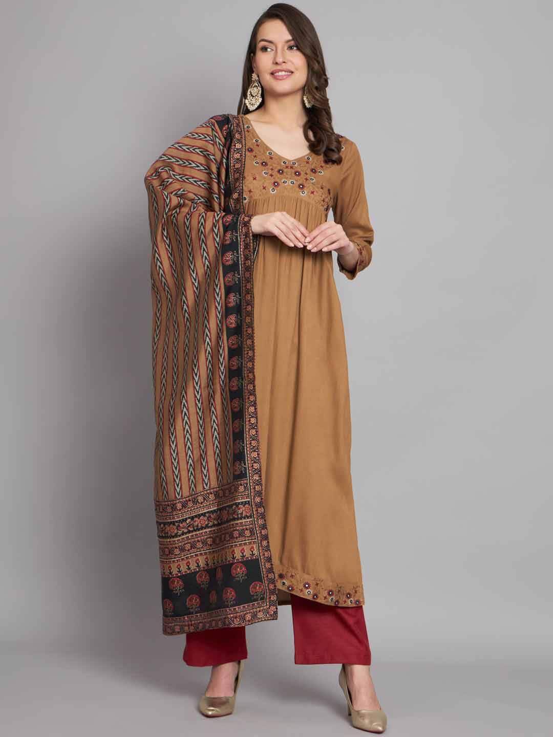 nehamta embroidered v-neck a-line kurta with palazzo & dupatta