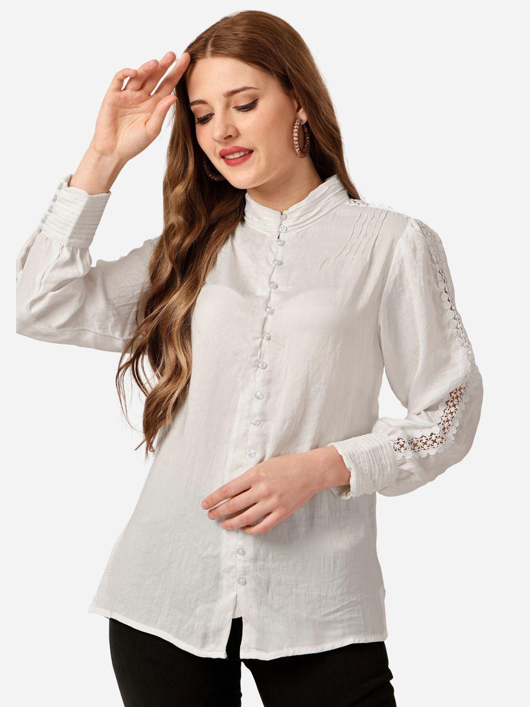 mclothings mandarin collar cuffed sleeves lace up detail satin shirt style top