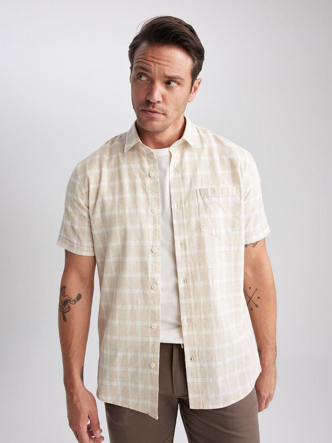 defacto tartan checked cotton linen casual shirt