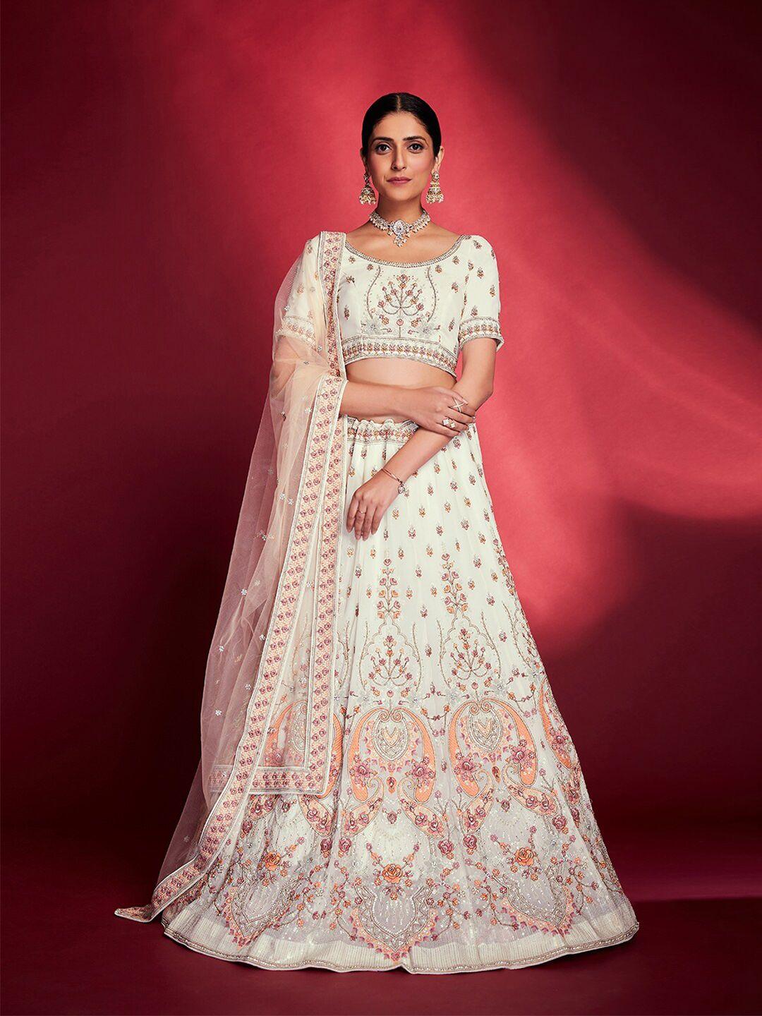 fusionic off white & pink embroidered thread work semi-stitched lehenga & unstitched blouse with dupatta