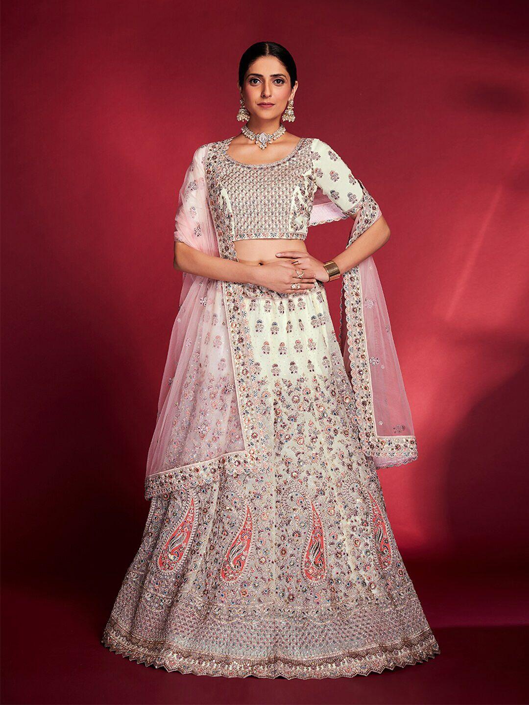 fusionic off white & embroidered sequinned semi-stitched lehenga & unstitched blouse with dupatta