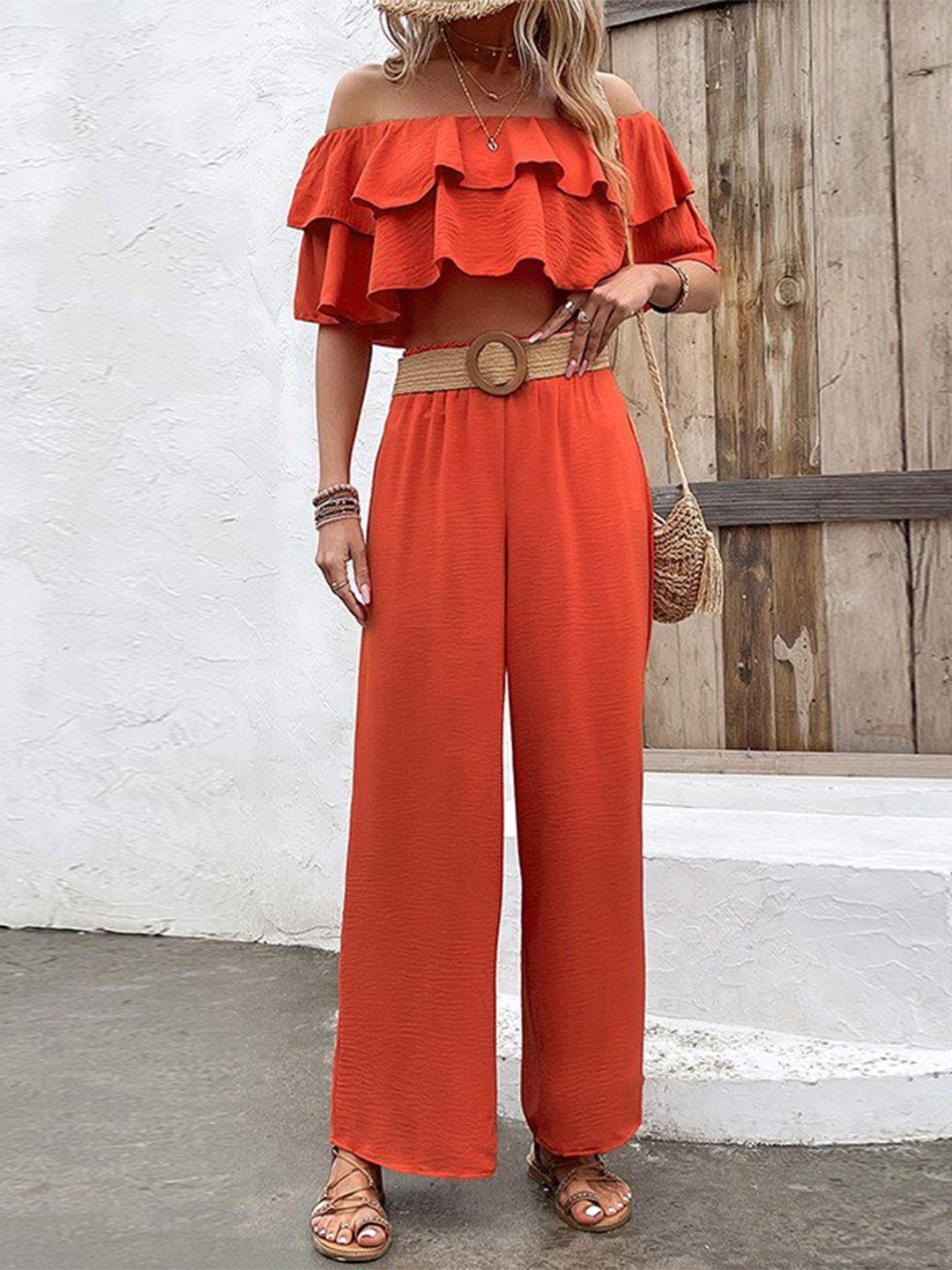 bostreet orange ruffled layered crop top with palazzos