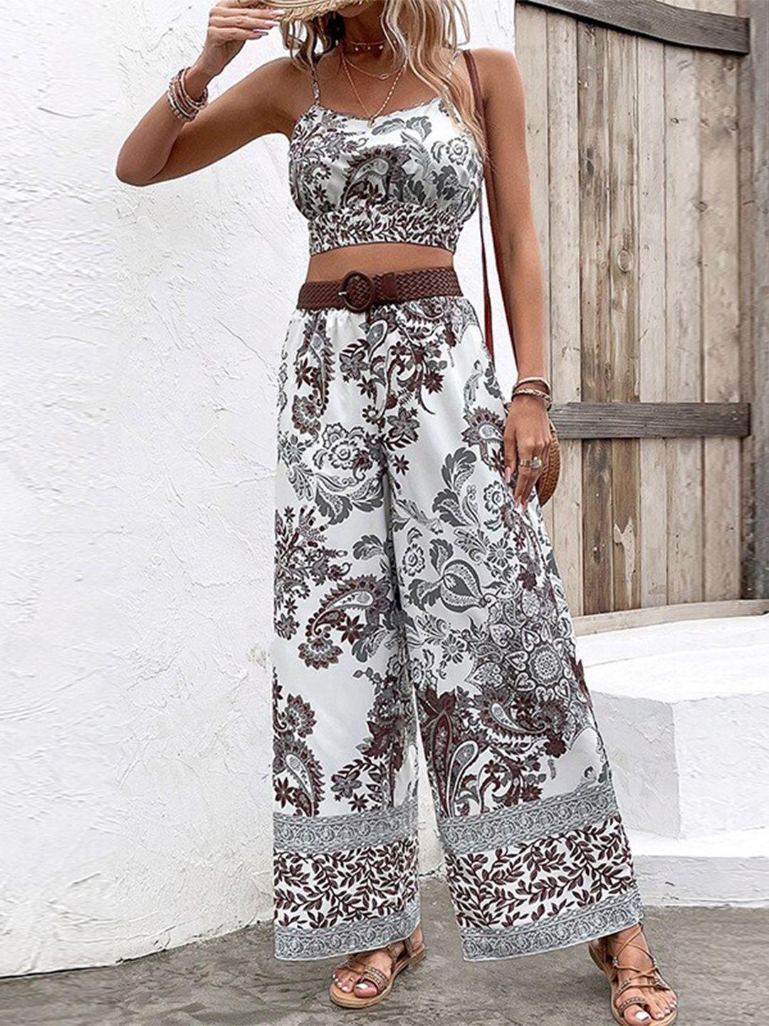 bostreet white ethnic motifs printed crop top & palazzos