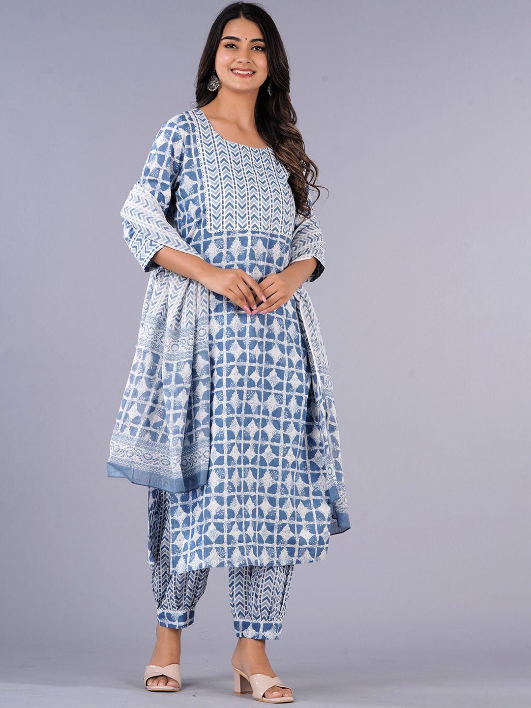 kalini geometric printed pure cotton kurta with salwar & dupatta