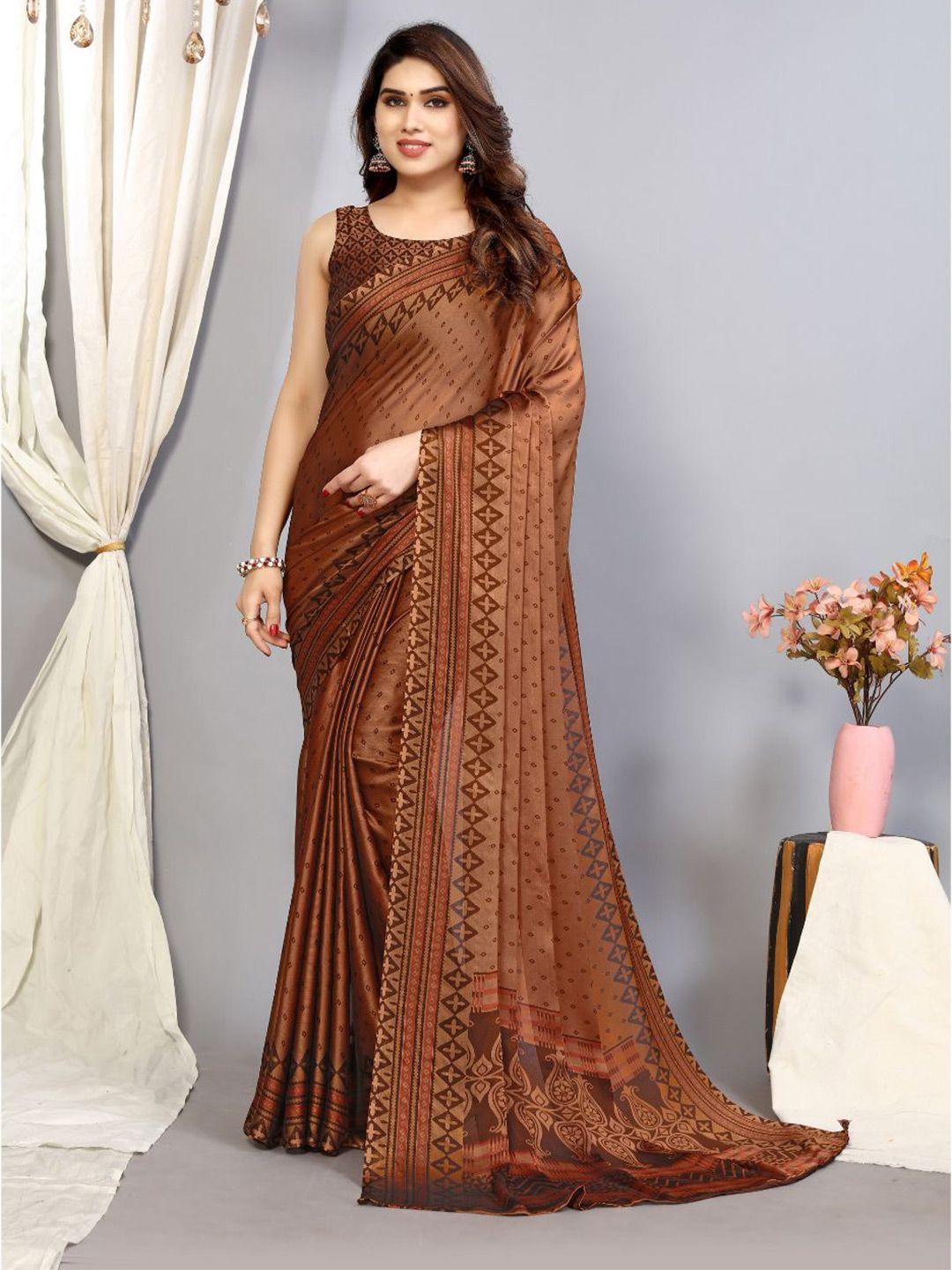 fabmora brown & black bandhani poly chiffon saree