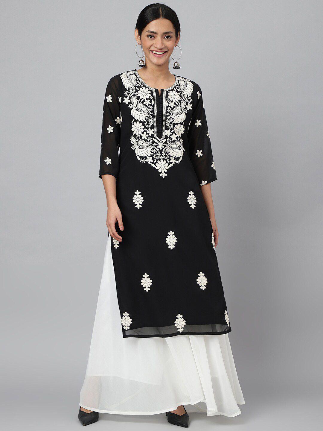 ratan floral embroidered chikankari round neck kurta with sharara