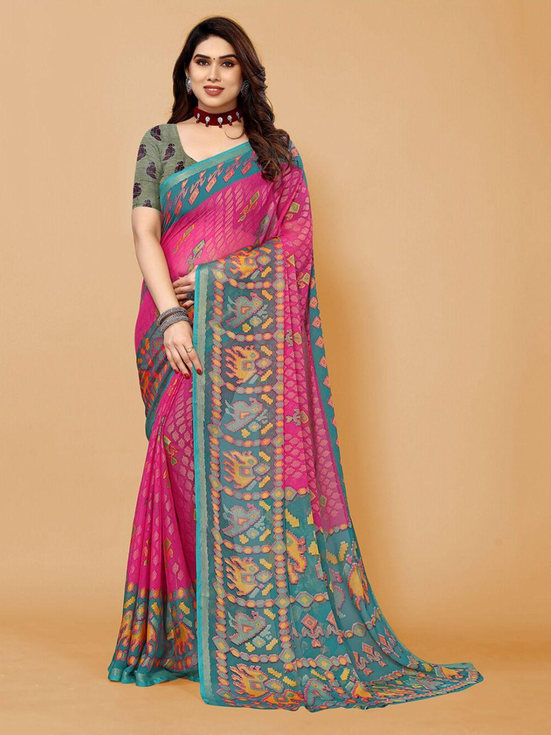 fabmora pink & blue ethnic motifs poly chiffon saree