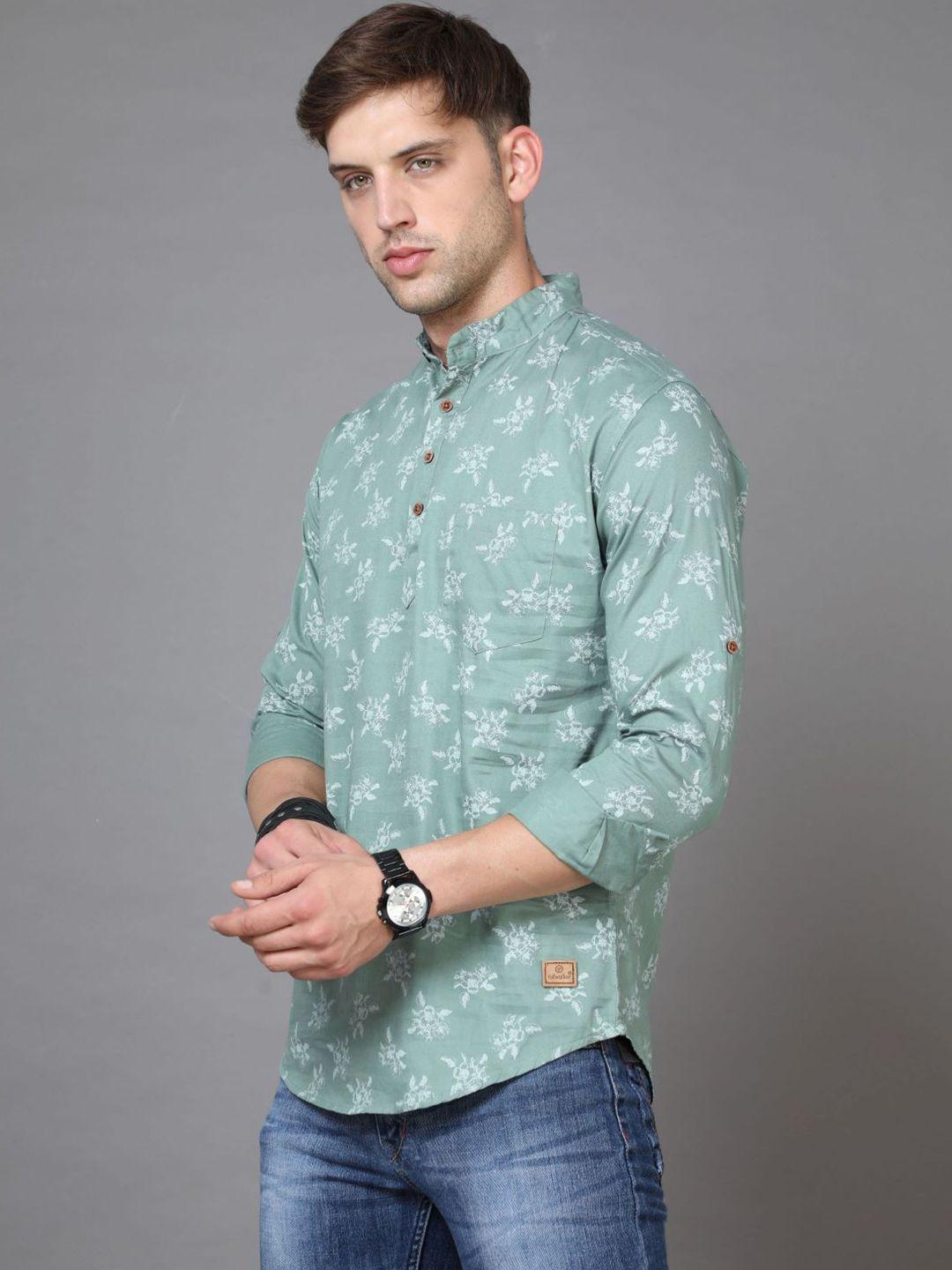 tallwalker floral printed mandarin collar roll-up sleeves cotton kurta