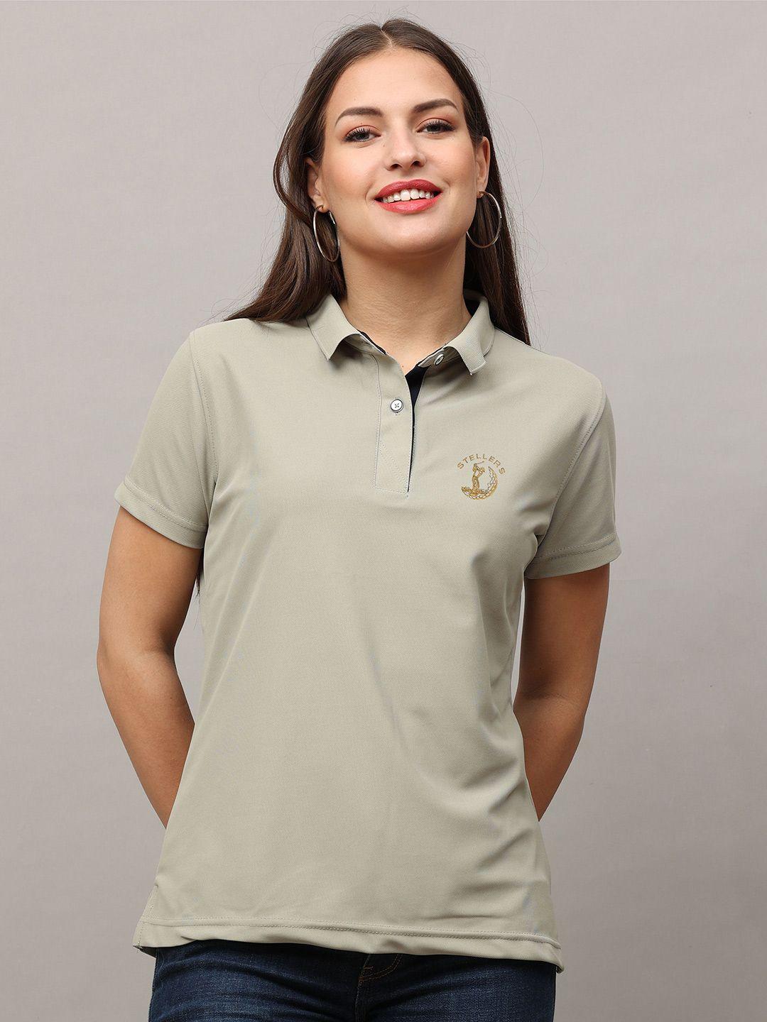 stellers women grey polo collar pockets t-shirt