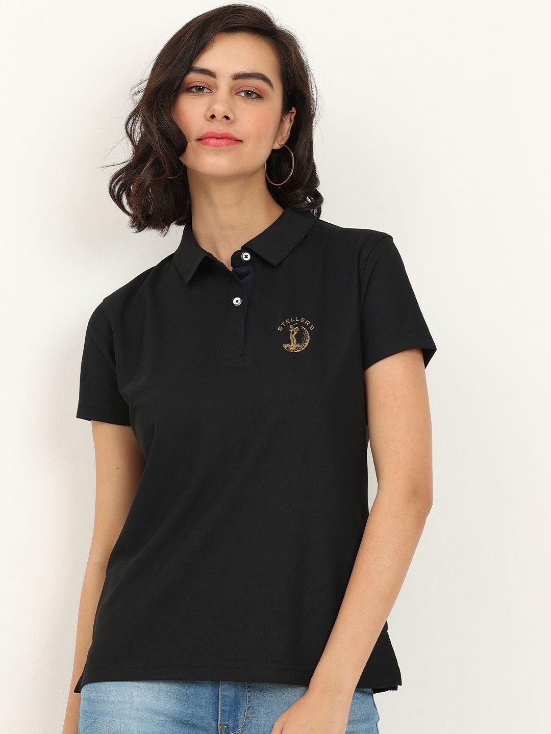 stellers women black polo collar applique t-shirt