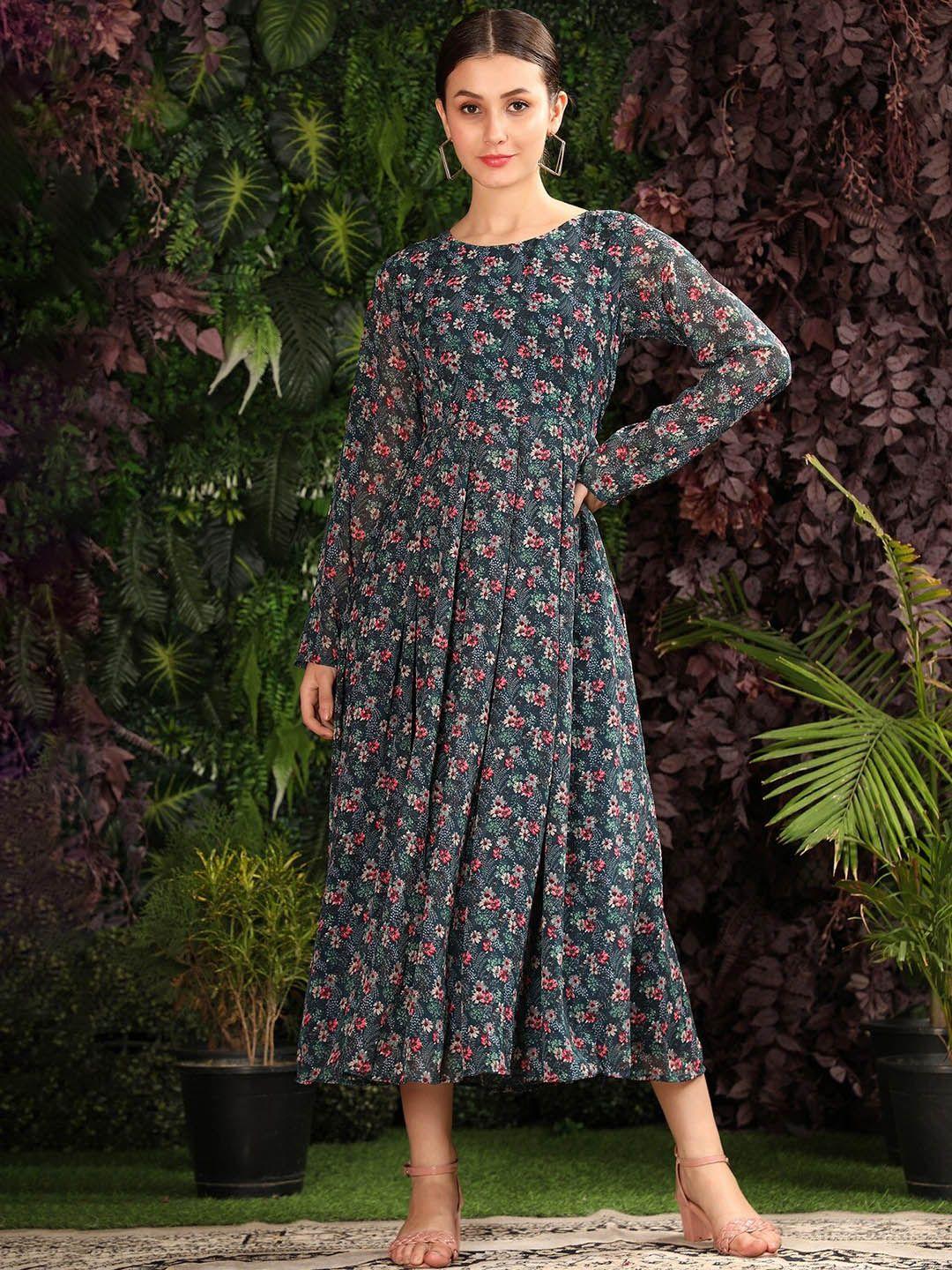 kalini floral printed round neck midi ethnic dress