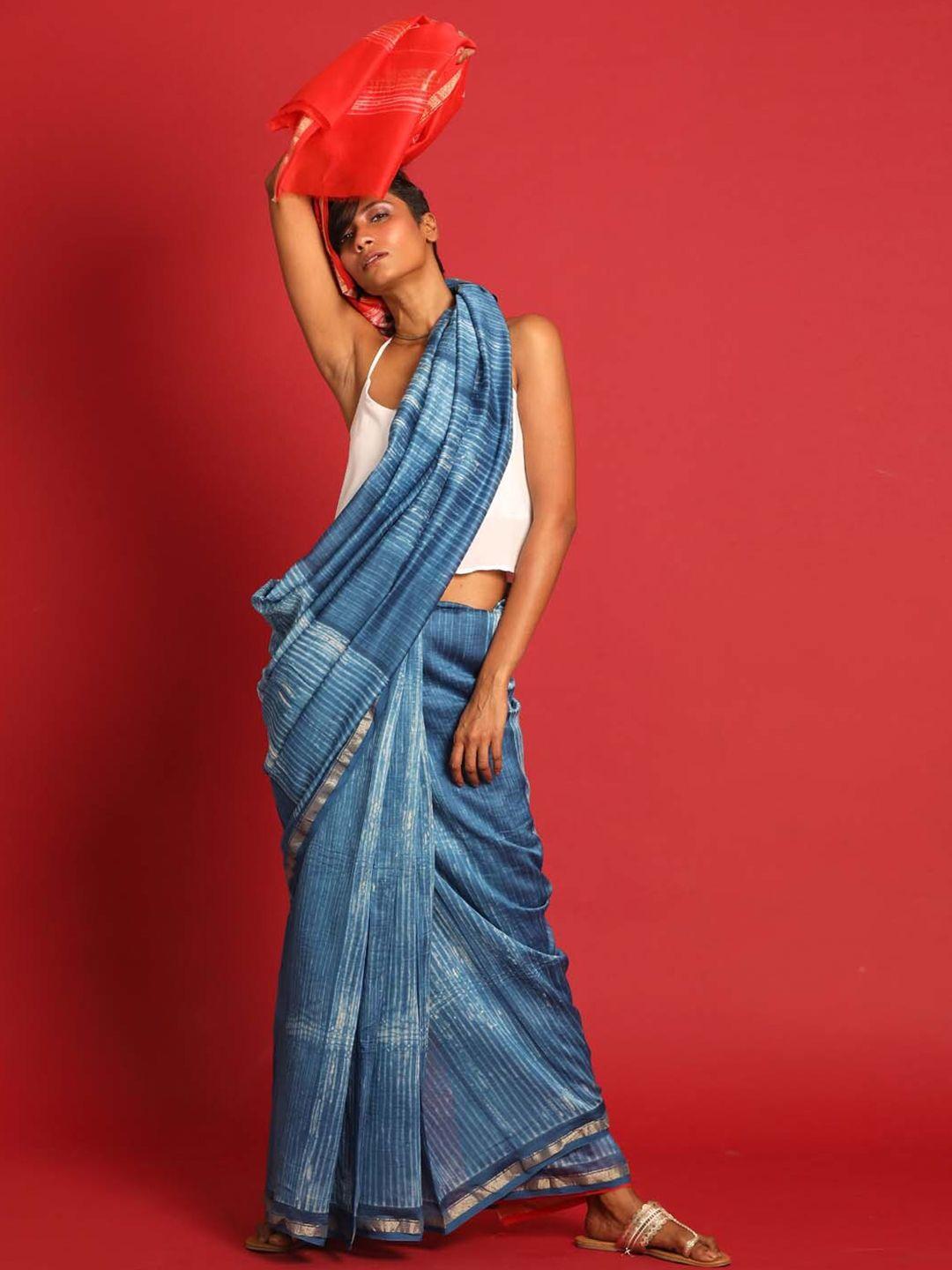 indethnic striped zari silk cotton chanderi saree