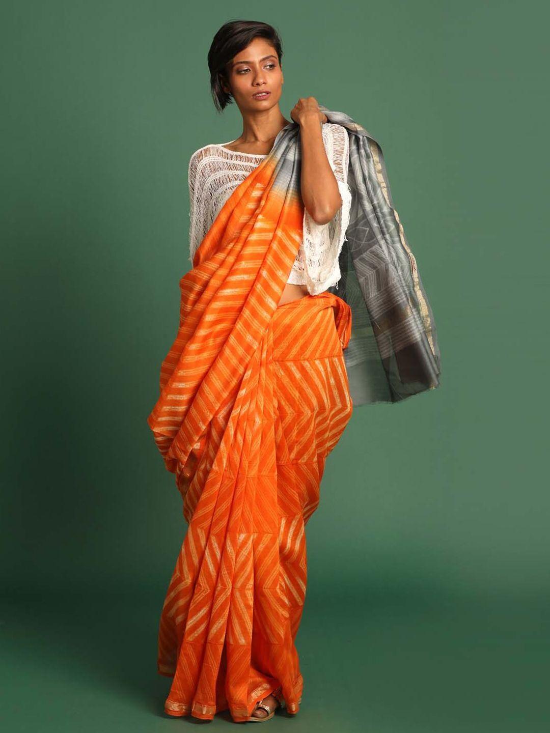 indethnic orange & grey striped zari silk cotton chanderi saree