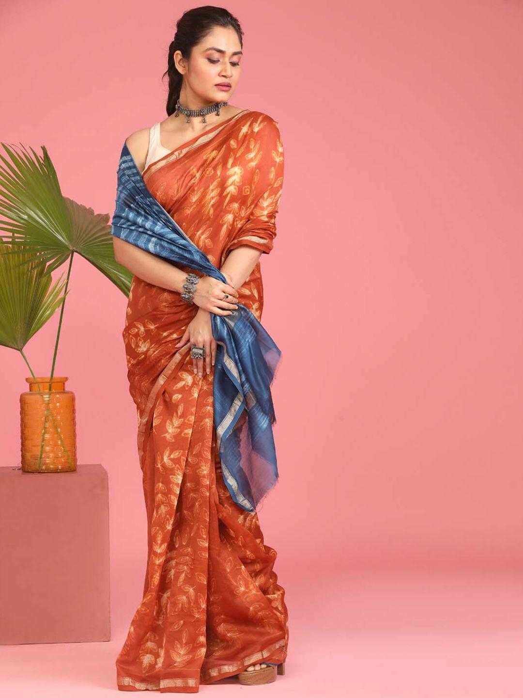 indethnic rust & blue floral zari silk cotton chanderi saree