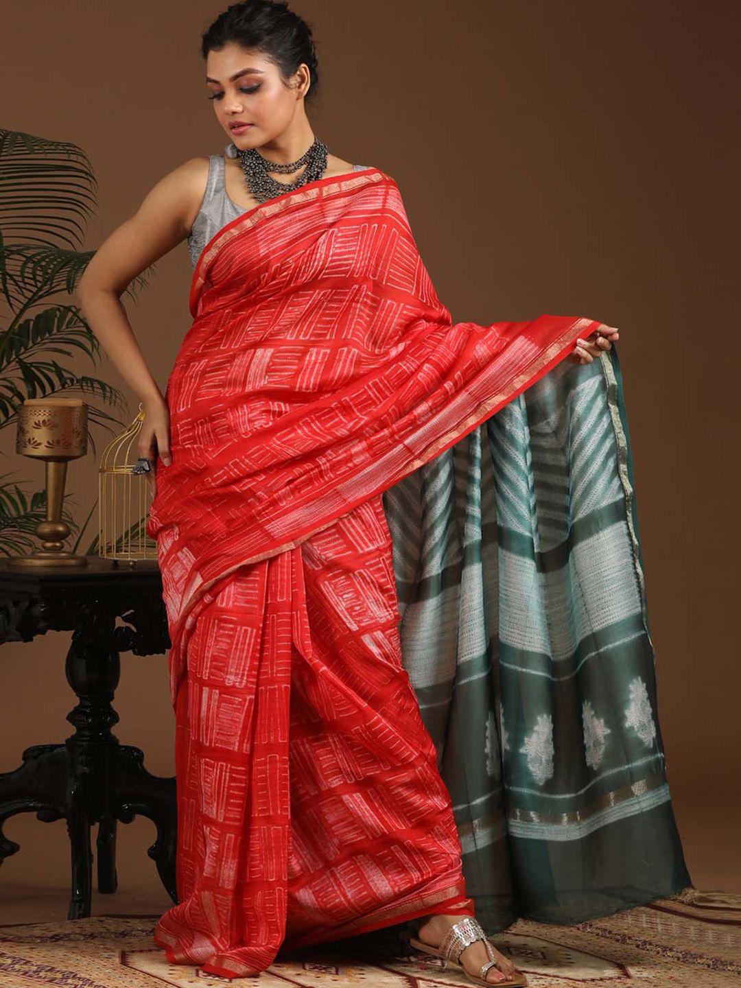 indethnic geometric printed zari silk cotton chanderi saree