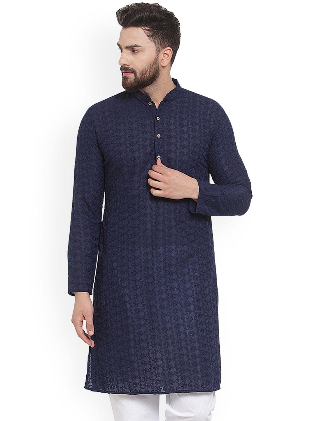 treemoda floral embroidered mandarin collar chikankari pure cotton straight kurta