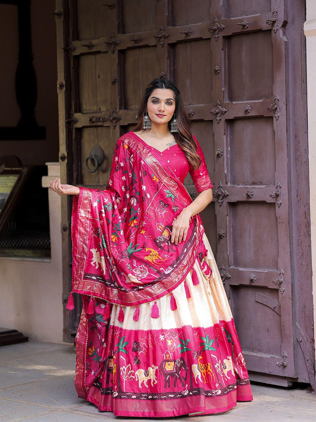 looknbook art printed foil print semi-stitched lehenga & unstitched blouse with dupatta