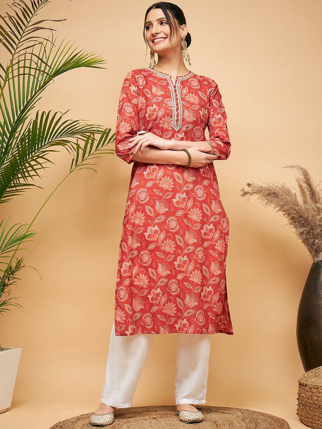 inweave rust floral printed cotton kurta