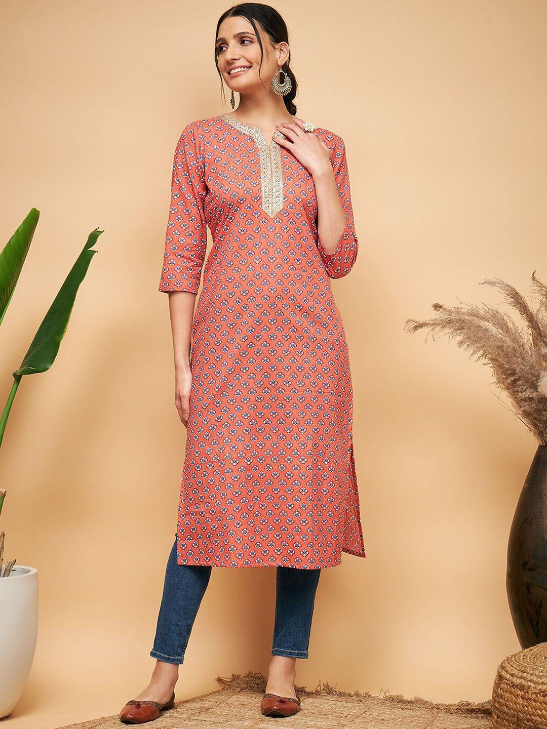 inweave red ethnic motifs printed cotton kurta