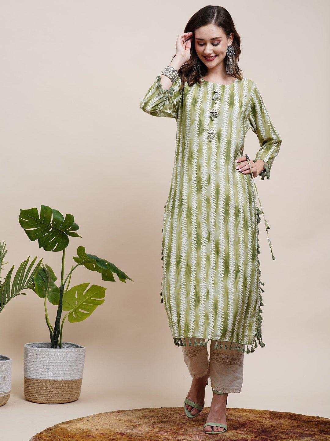 fashor green abstract printed mirror work straight kurta