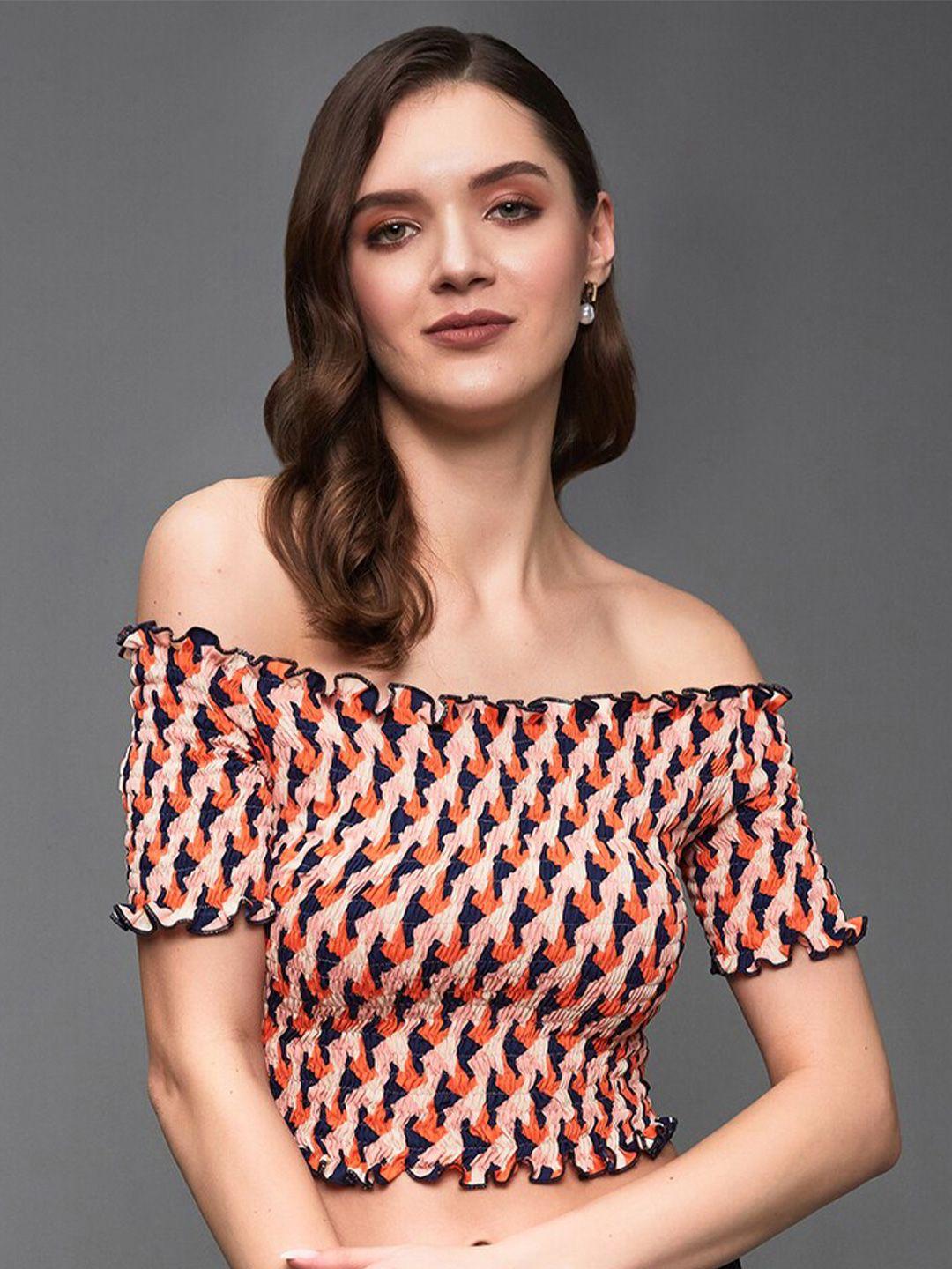 miss chase orange & navy blue geometric printed off-shoulder bardot crop top