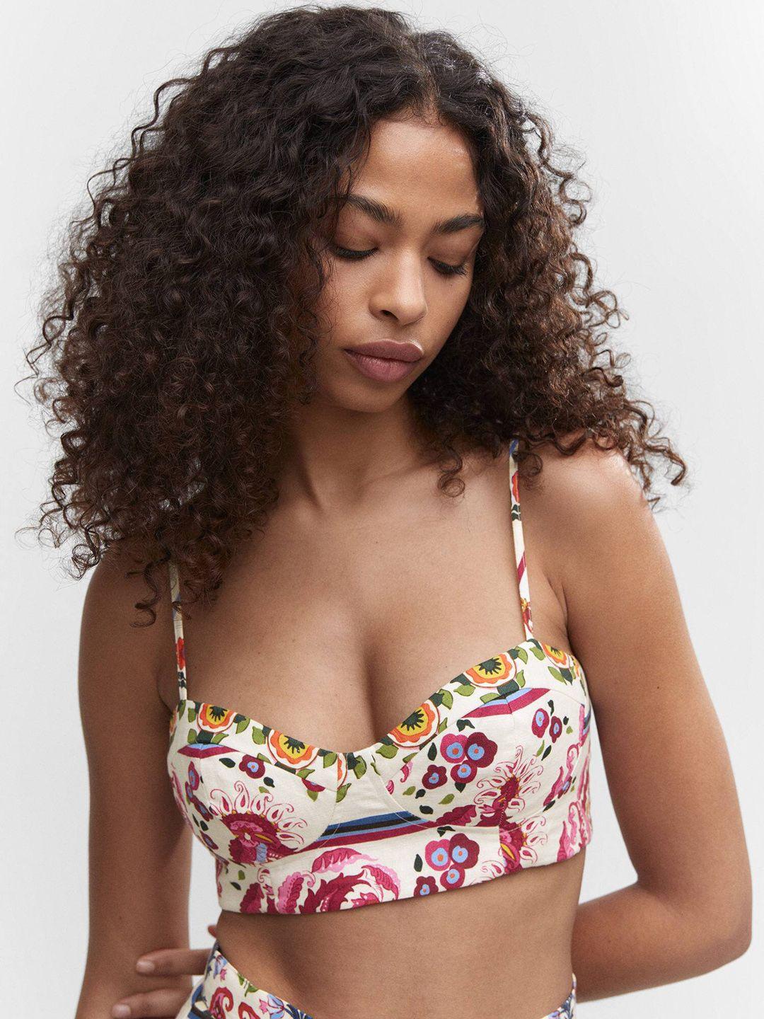 mango linen cotton printed smocked bralette crop top