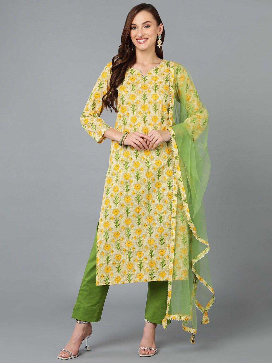 ahika yellow & green floral printed gotta patti straight kurta & trousers with dupatta