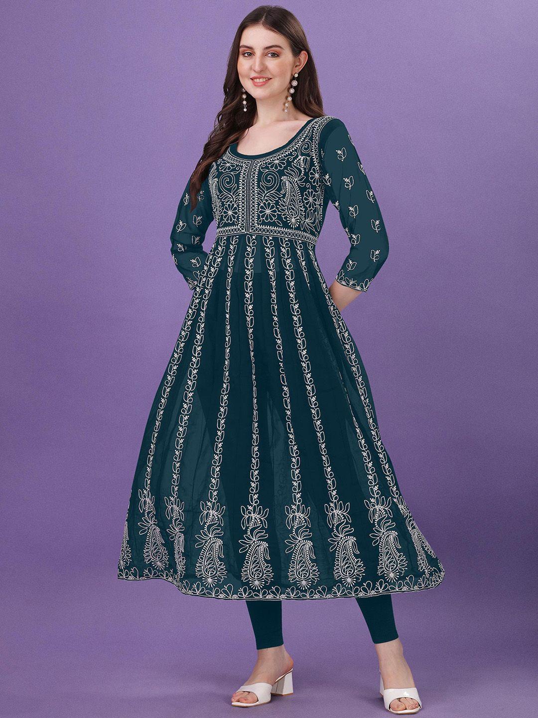 shree ramkrishna fab women blue paisley embroidered flared sleeves thread work georgette anarkali kurta