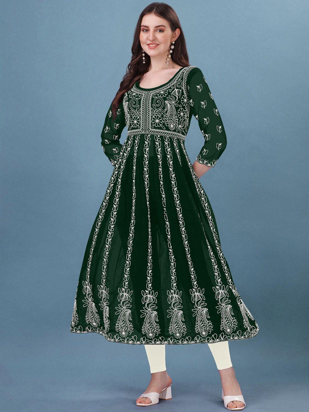 shree ramkrishna fab women green paisley yoke design flared sleeves thread work georgette anarkali kurta