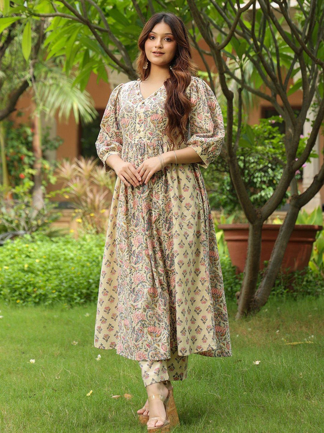 pinkville jaipur floral printed empire pure cotton kurta with trousers