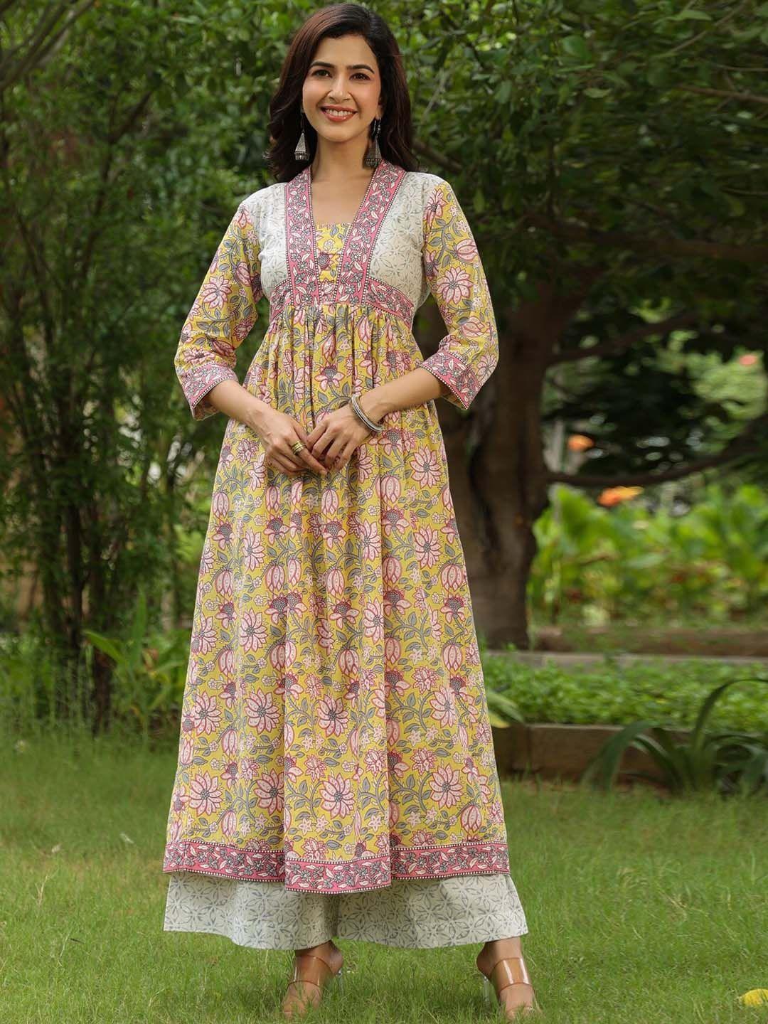 pinkville jaipur women yellow floral printed empire pure cotton kurta with palazzos