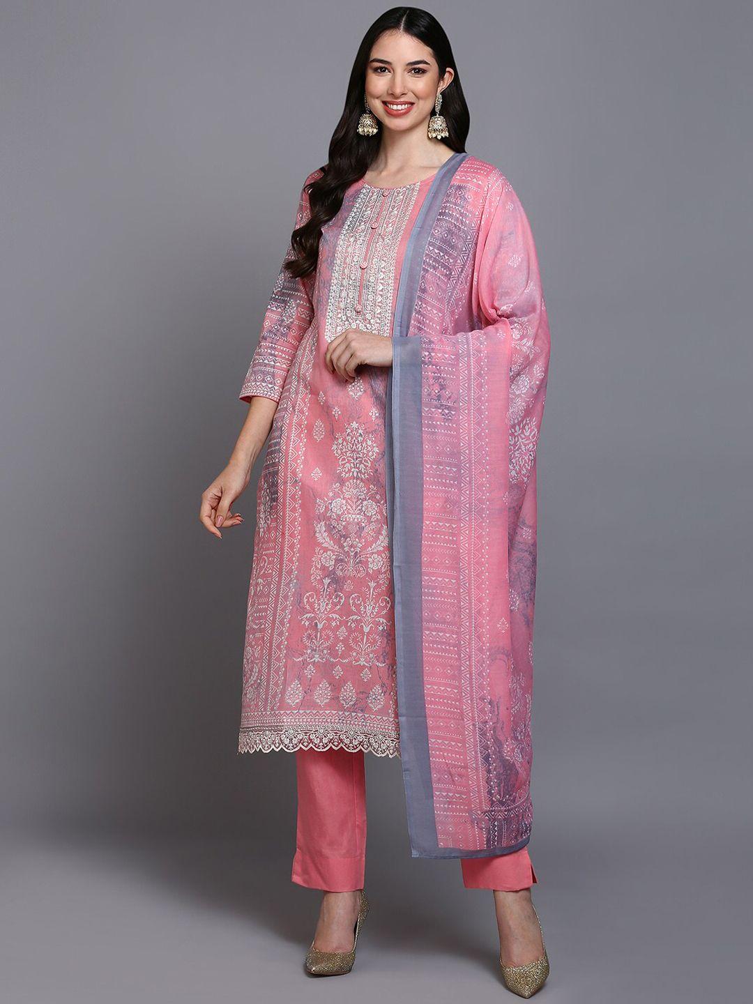 ahika ethnic printed thread work pure cotton straight kurta with trousers & with dupatta