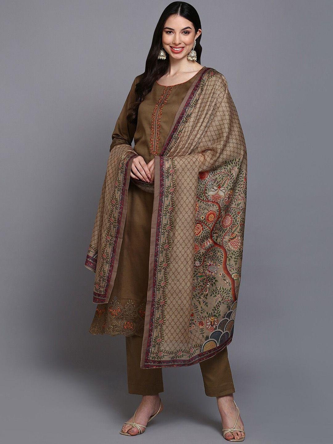 ahika ethnic printed thread work pure cotton straight kurta with trousers & with dupatta