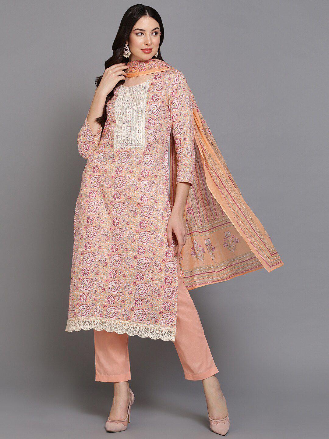 ahika orange floral printed kurta & trousers with dupatta