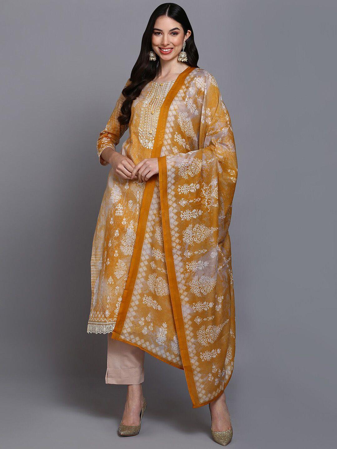 ahika taupe & white ethnic motifs printed thread work pure cotton kurta set