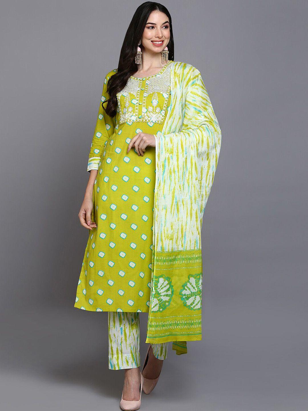 ahika green & white bandhani dyed thread work pure cotton kurta set