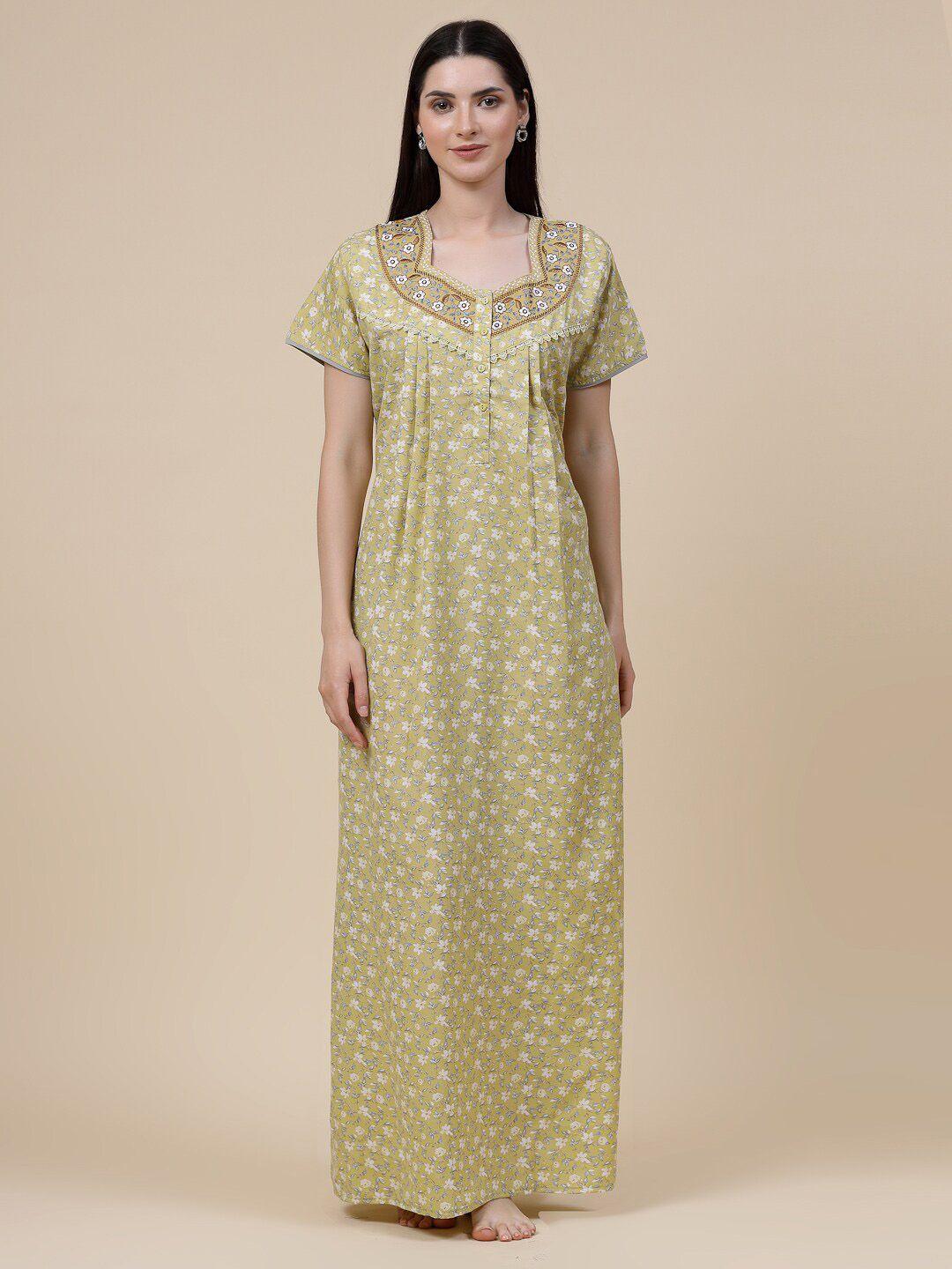 sweet dreams green floral printed pure cotton maxi nightdress