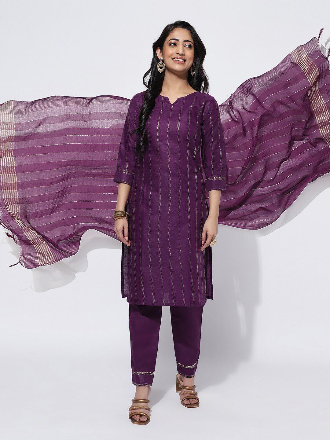 kalini striped round neck kurta & trousers with dupatta