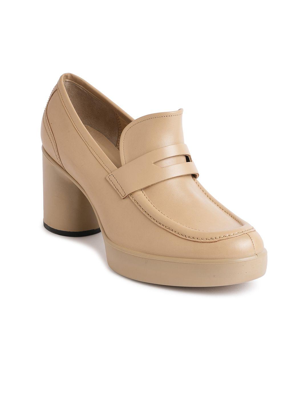 ecco round toe leather platform heel loafers